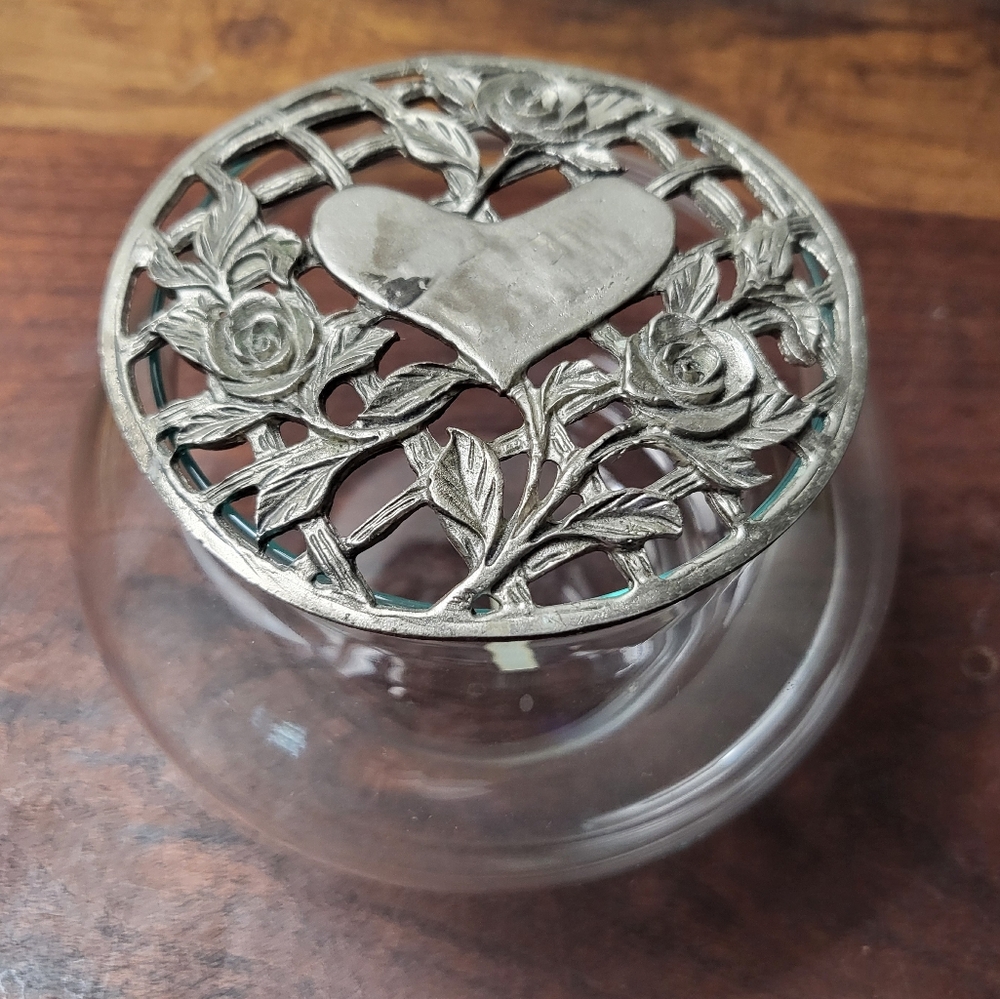 Pewter Lid Heart and Rose Design Glass Dish